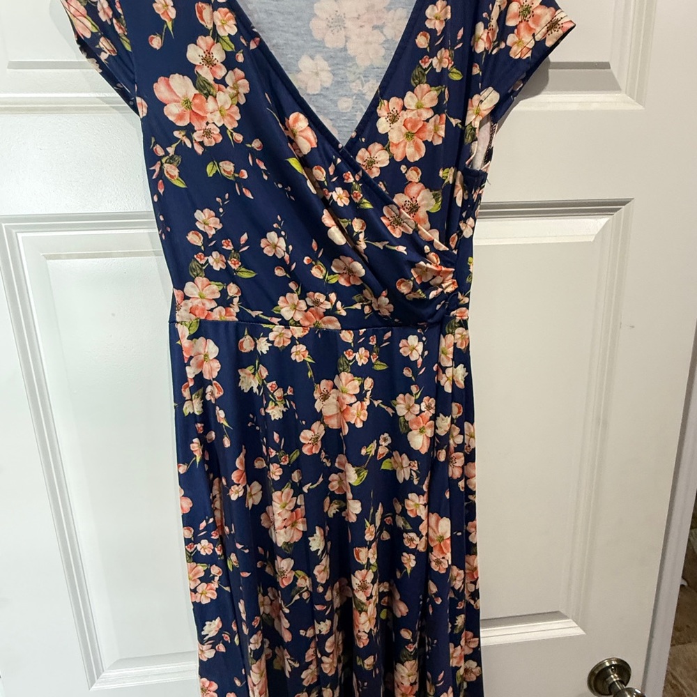 Wrap-Style Navy Midi Dress with Pink Floral Print